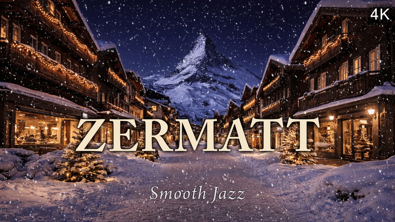 ❄️Zermatt Snowy Night Ambiance - 1 Hour Smooth Jazz - Swiss Alps Night Vibes