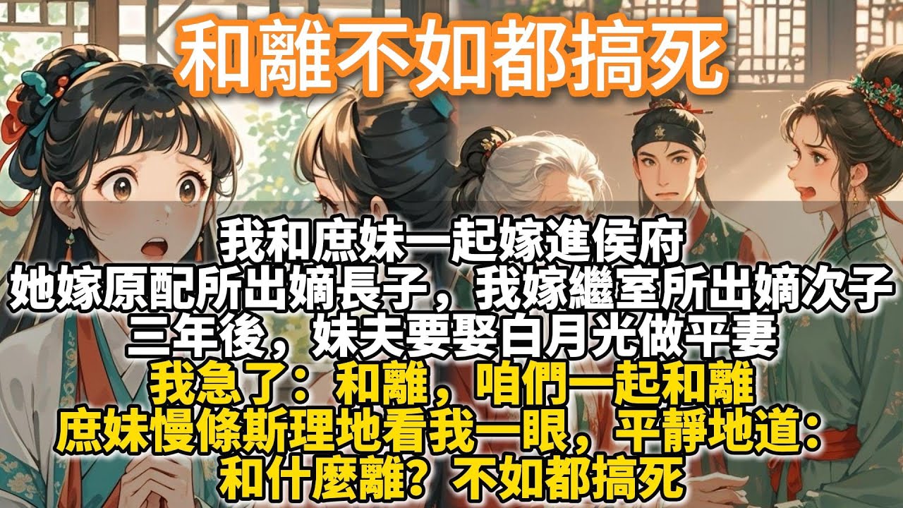 完結爽文：和離不如都搞死。我和庶妹一起嫁進侯府。她嫁原配所出嫡長子，我嫁繼室所出嫡次子。三年後，妹夫要娶白月光做平妻。我急了：和離，咱們一起和離。庶妹慢條斯理地看我一眼，平靜地道：和什麼離？不如都搞死