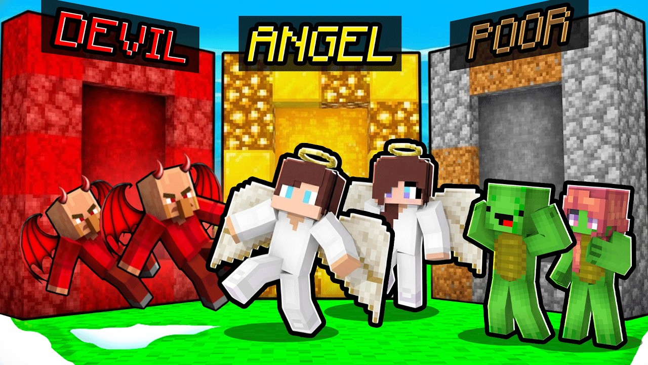 Mikey vs JJ vs Villagers: POOR vs ANGEL vs DEVIL PORTAL BATTLE In Minecraft - Maizen