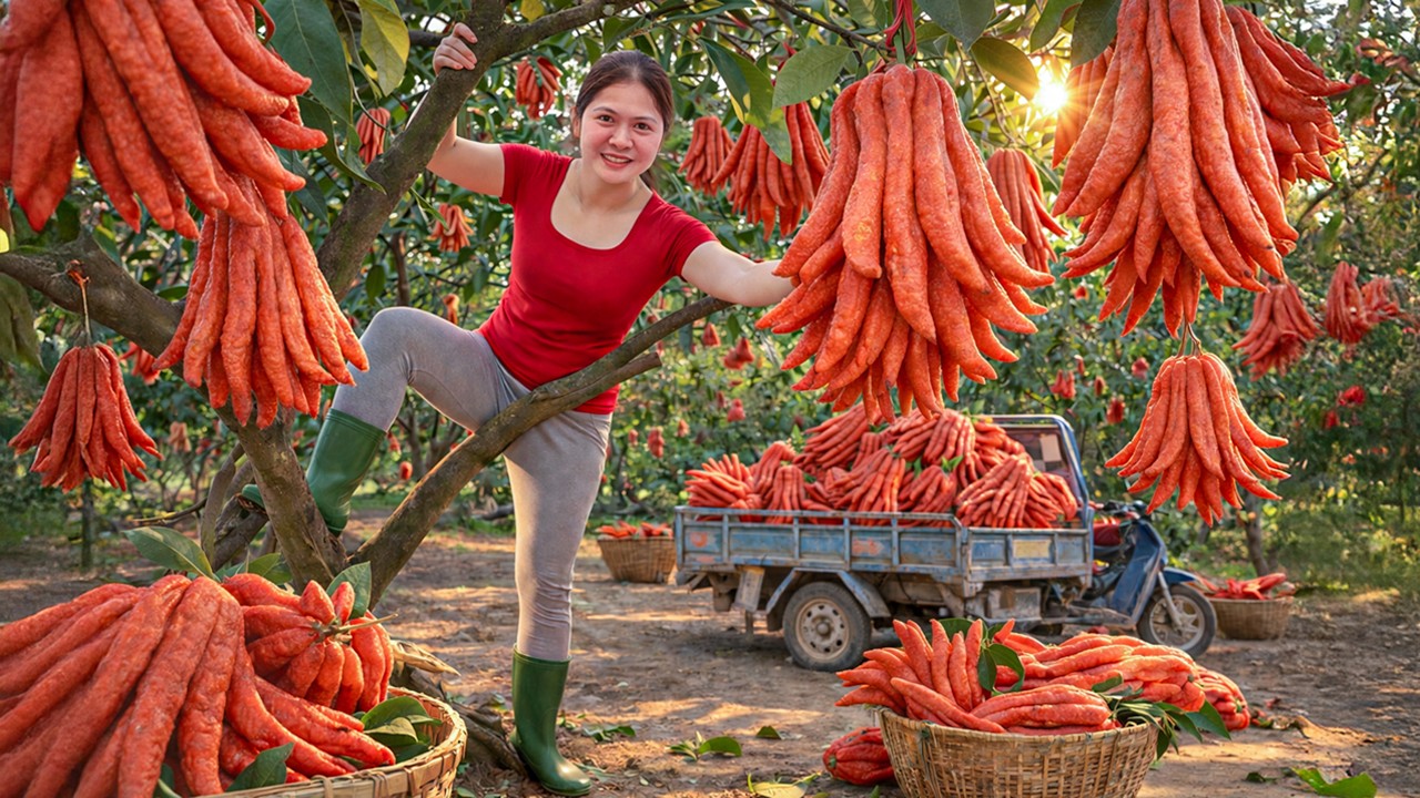 Harvesting Rare Red Buddha's Hand fruit & Go to Market Sell | Satisfying Orchard Harvest