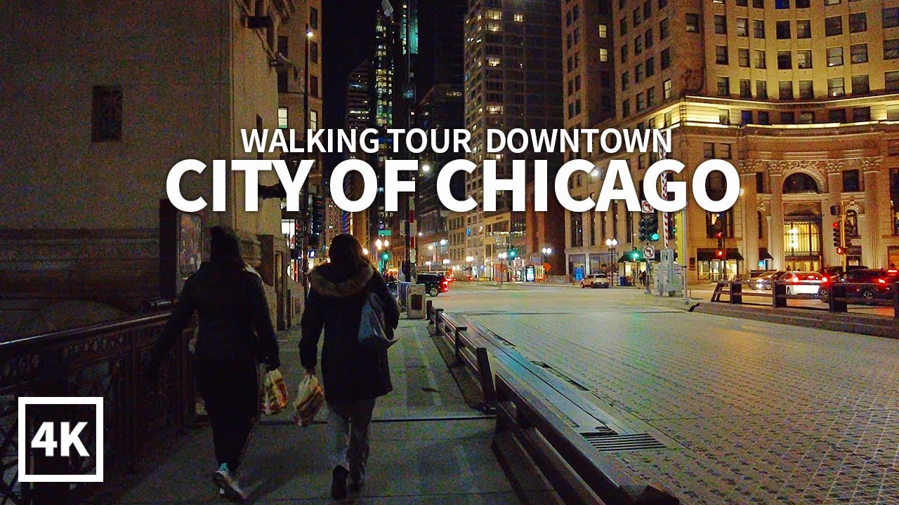 [4K] CHICAGO - Evening Walk Downtown, Michigan Avenue, Washington Street & State Street, Illinois