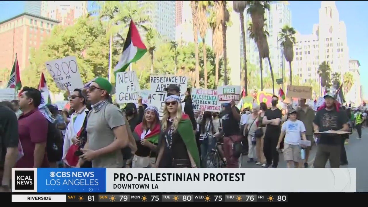 Emotional demonstrators gather for Pro-Palestinian protest in downtown LA