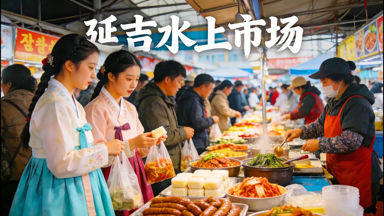 中朝边境的延吉水上市场，零下20度的朝鲜族美食狂欢，碳水炸弹一口封神！传统米肠、打糕、汤饭、大酱汤、泡菜、紫菜包饭、米酒、高丽参，新式的辣白菜猪肉卷、鱼皮包饭、辣拌花蟹、鲷鱼烧，美食众多，人们疯狂抢购