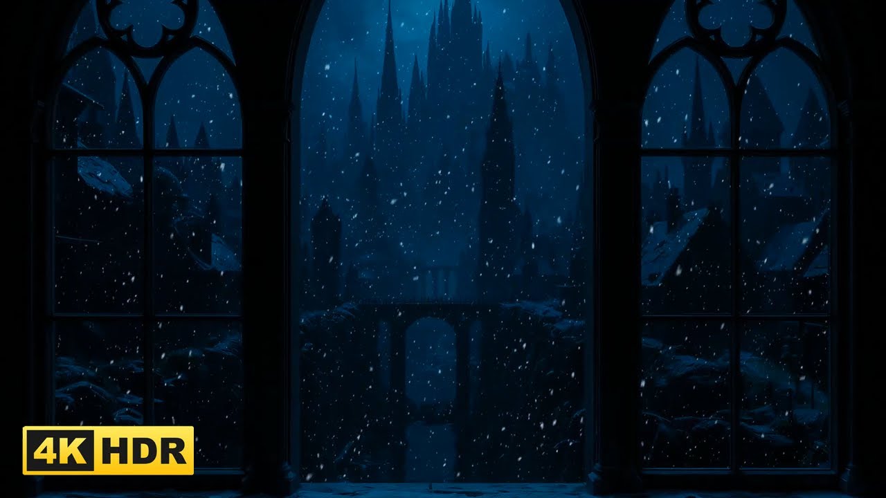 4K Harry Potter Winter Window View - Peaceful Snow Ambience & Wind Sounds for Relax, Healing & Sleep
