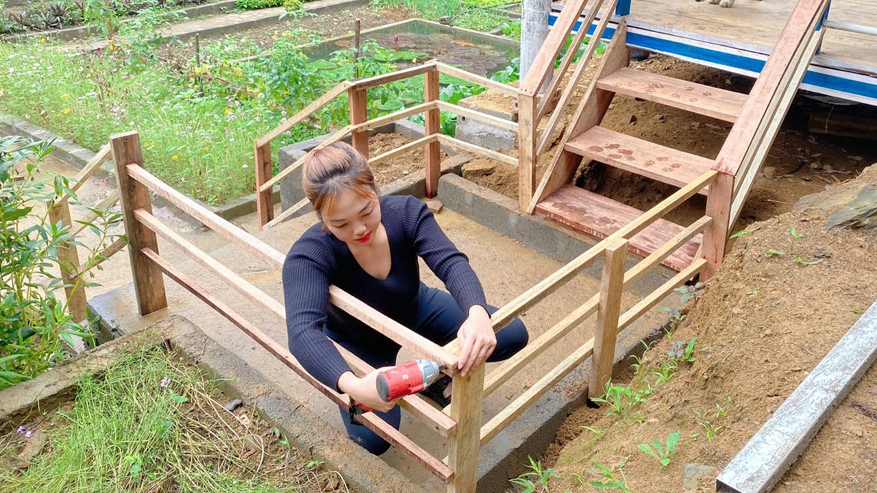 Make stairs and railing to Wooden Cabin | BUILD WOODEN CABIN | Lan Lan Farm