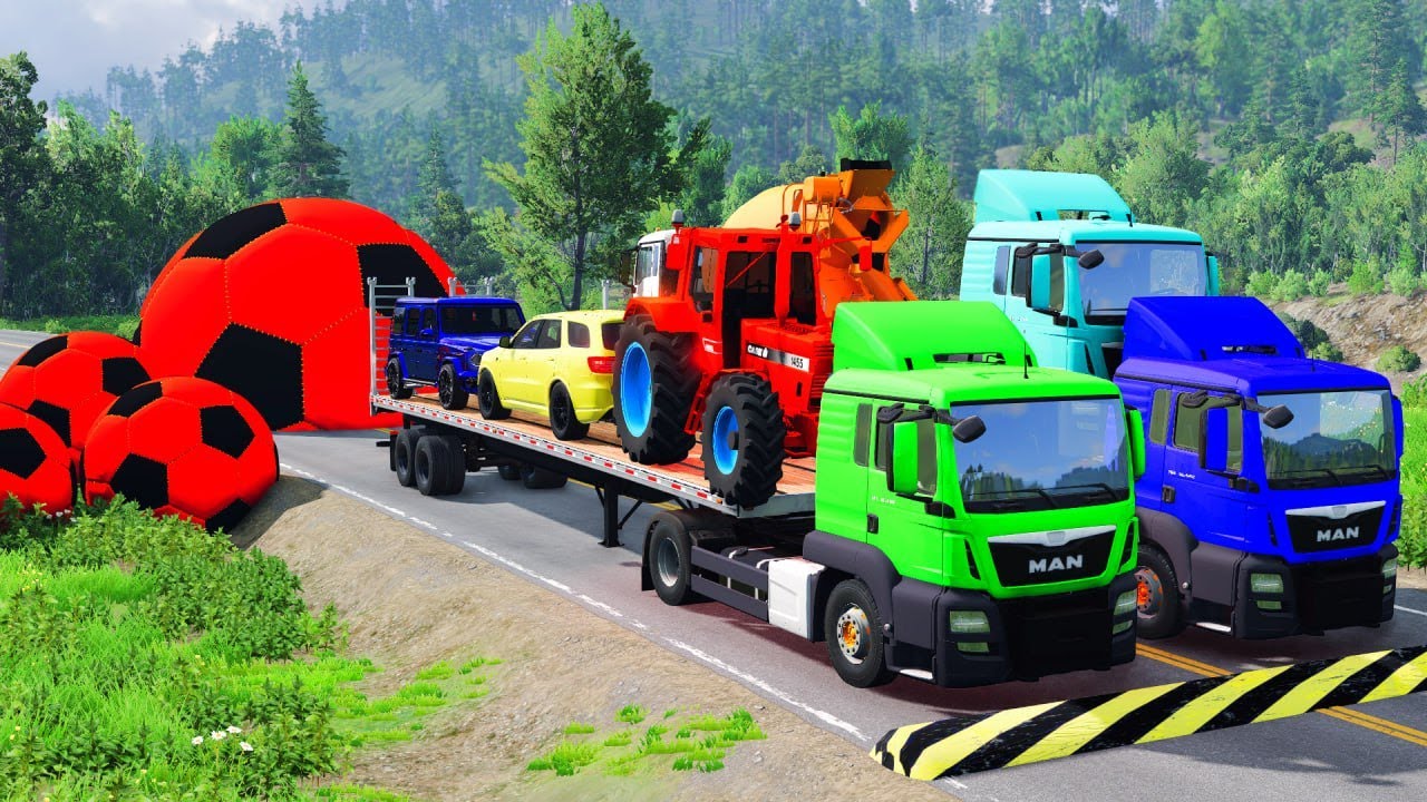 Triple Flatbed Trailer McQueen Transportation with Truck - Speedbumps vs Cars vs Train - BeamNG #2