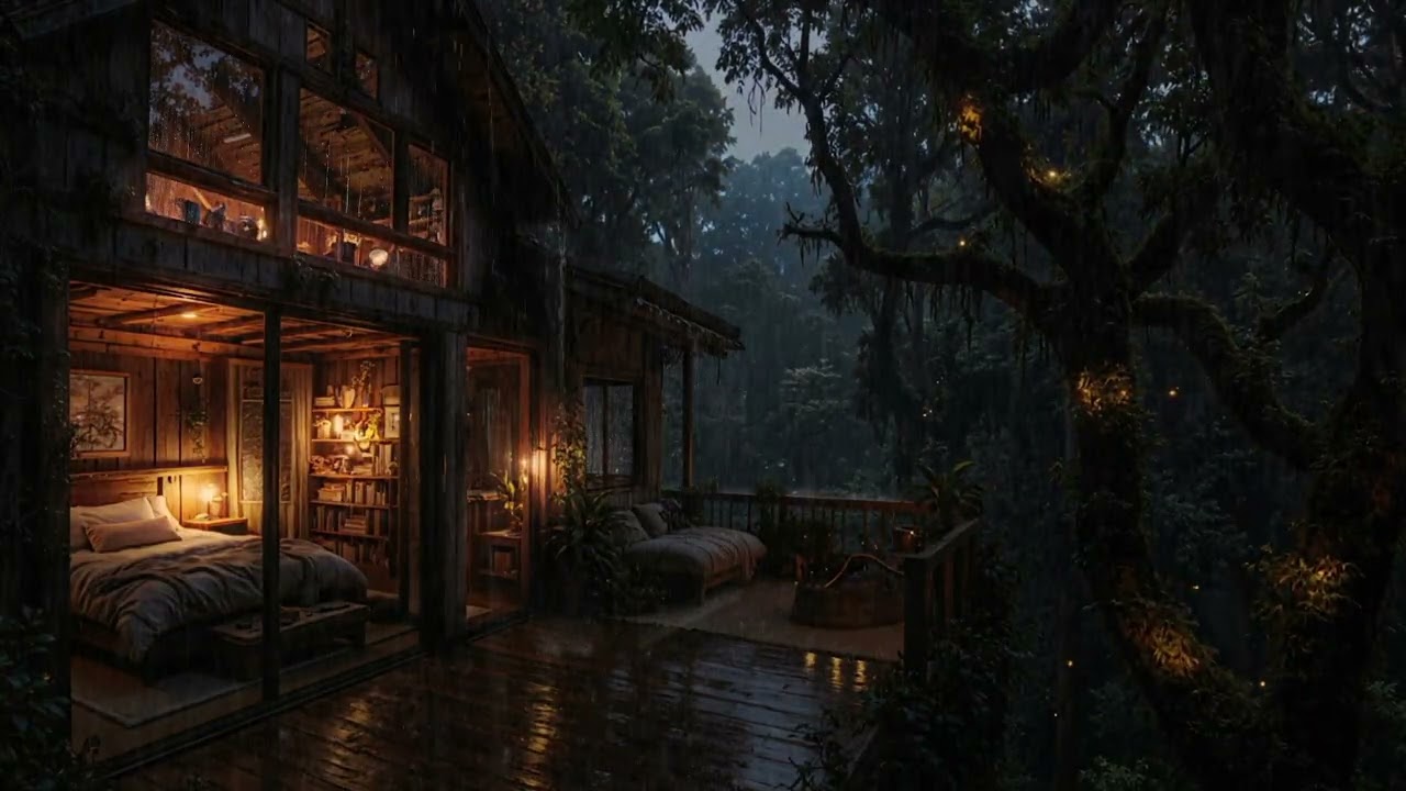 Rain Falling Gently Around a Cabin in the Forest 🌧 | Soothing Night Sounds for Deep Rest