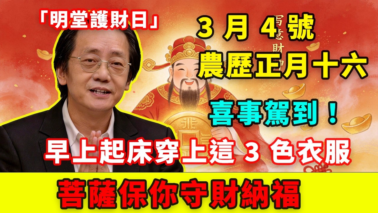 喜事駕到！3 月 4 號，農歷正月十六，「明堂護財日」，早上起床穿上這 3 色衣服，菩薩保你守財納福，全年無病無災財運旺！