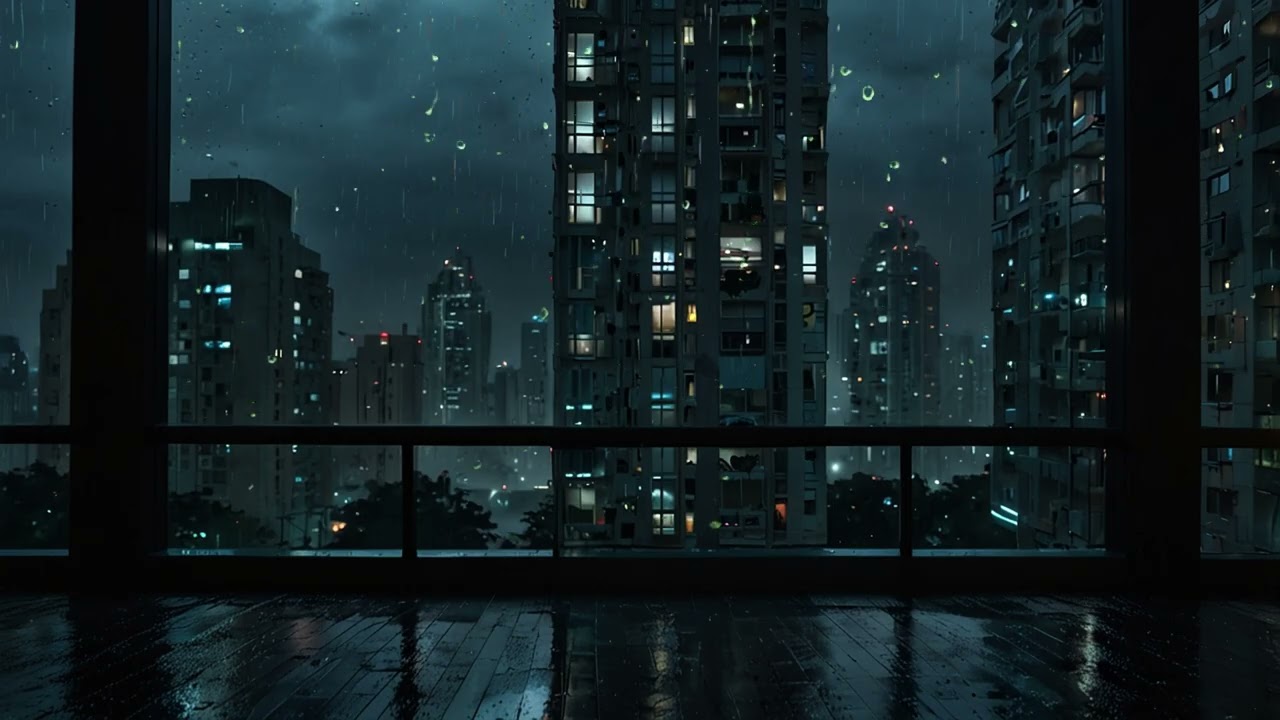 Heavy Rain on High Rise Apartment Balcony at Night, City Rain Sounds for Deep Sleep, Study & Relaxat