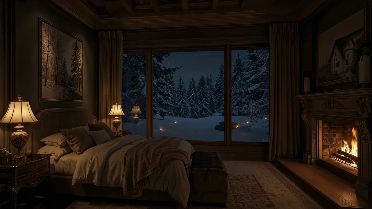 Snow Outside the Window | Cozy Bedroom Fireplace