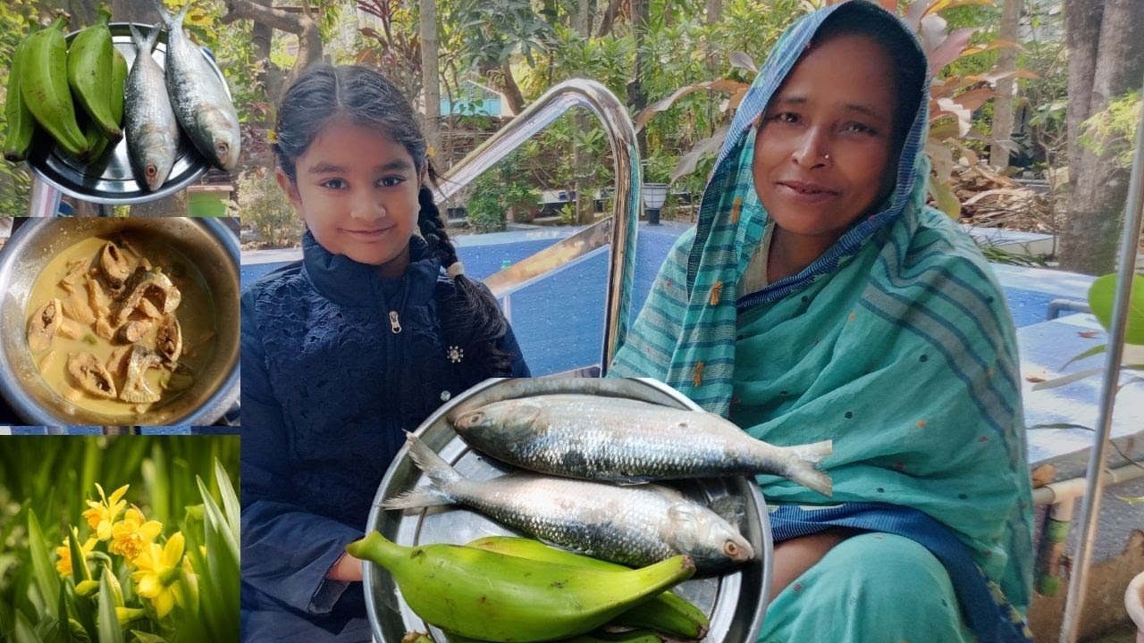 কাঁচা কলা দিয়ে ইলিশ মাছের ঝোল || ইলিশ মাছের ফুলকা দিয়ে কাঁচা কলার খোসা ভাজি এবং থানকুনি পাতা ভর্তা