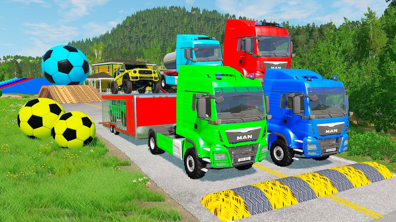 Flatbed Trailer McQueen Transportation with Truck - Speedbumps vs Cars vs Train - BeamNG.Drive #173