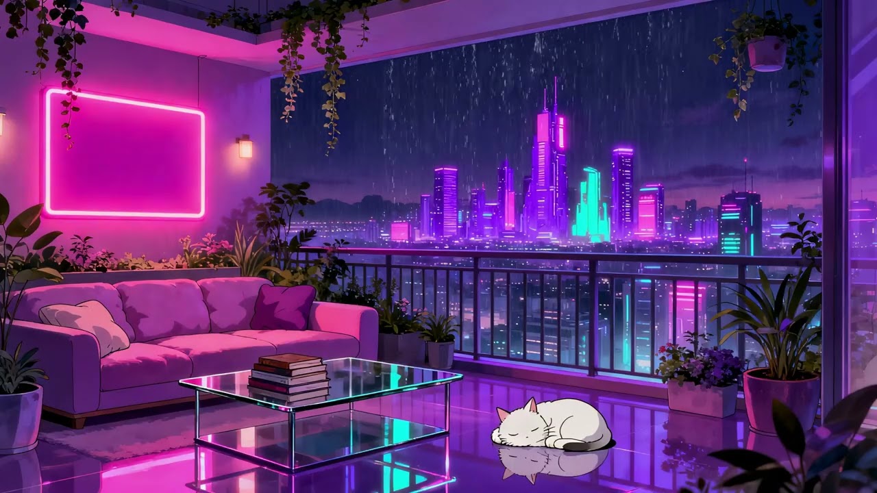 Neon Balcony Lounge 🌃 Lofi Beats for Relax & Sleep 🐱 Calm Night Atmosphere