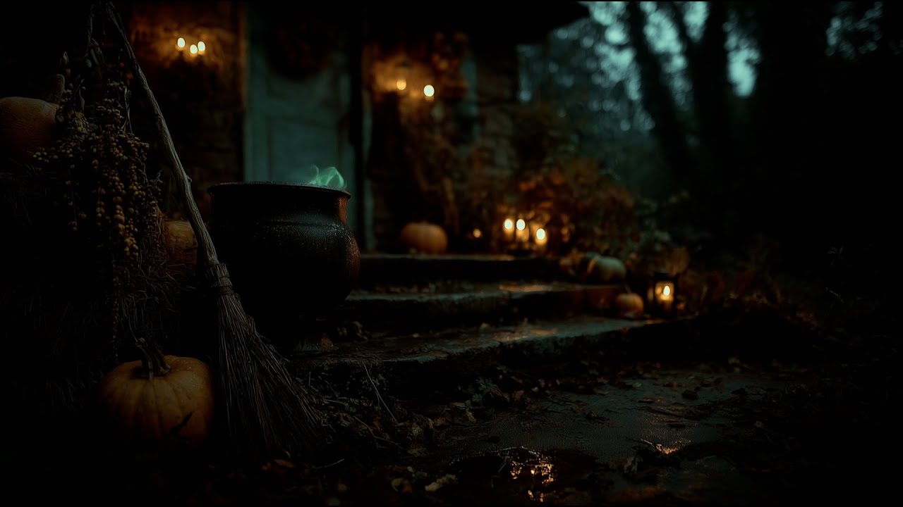 Witch’s Cottage Porch — Pumpkins, Thunder & Rainstorm Ambience (Halloween Night)