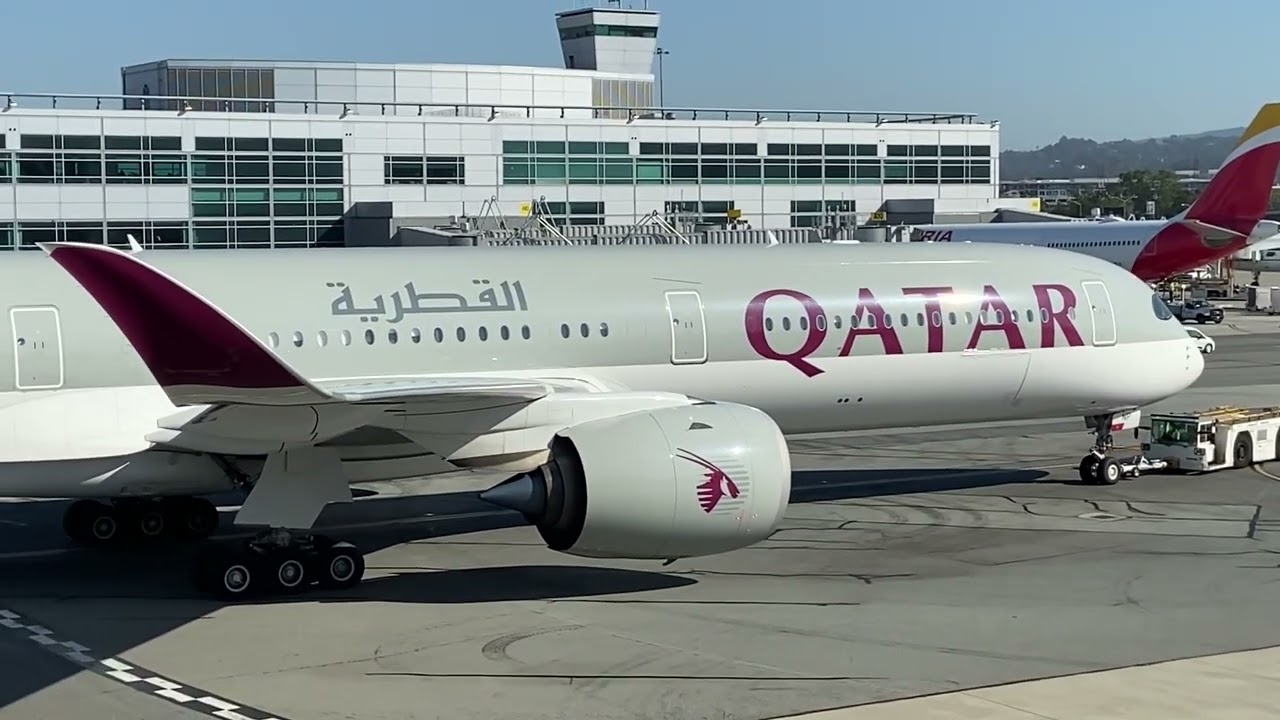 Qatar Airways Airbus A350-1000 Pushback and Engine Start at San Francisco (SFO)
