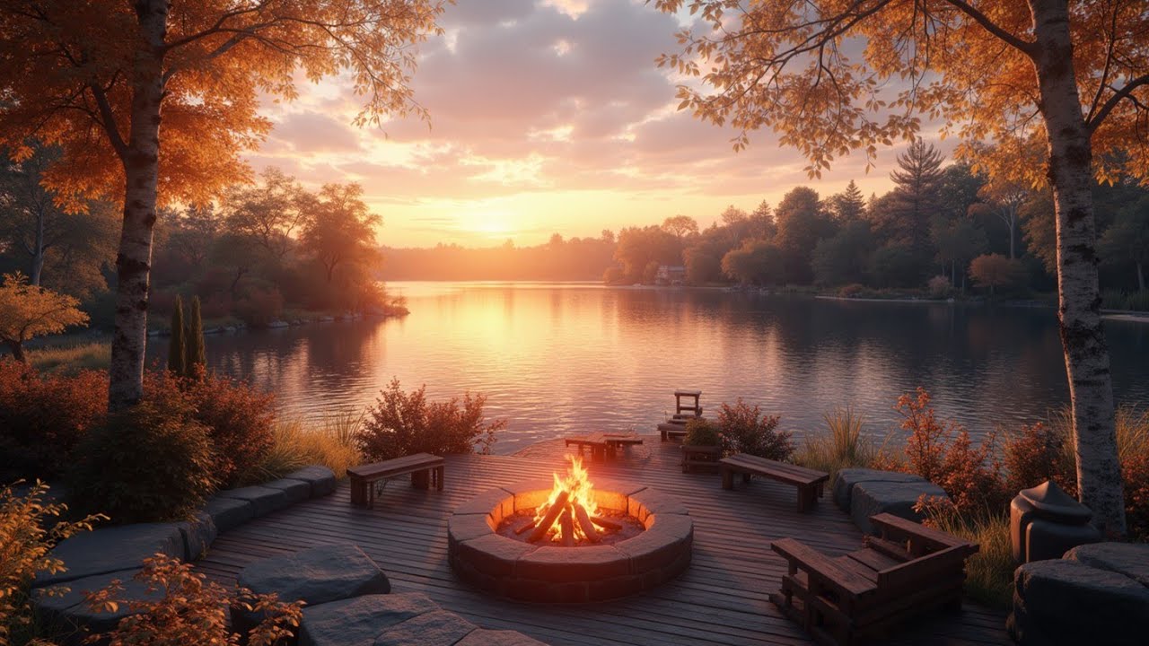 Crackling Fire ASMR by Lake with Calming Bird Sounds for Study