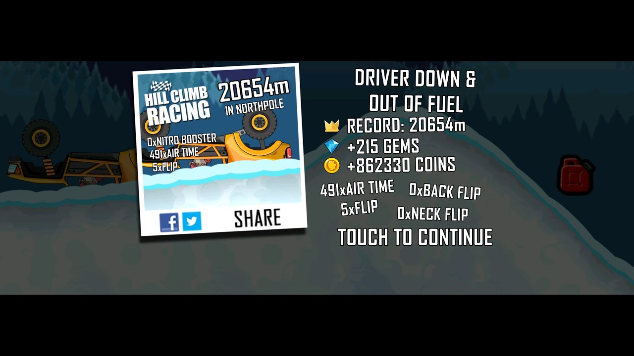 Hill Climb Racing: 20654m in Northpole on Trophy Truck (no boosters, no pets)