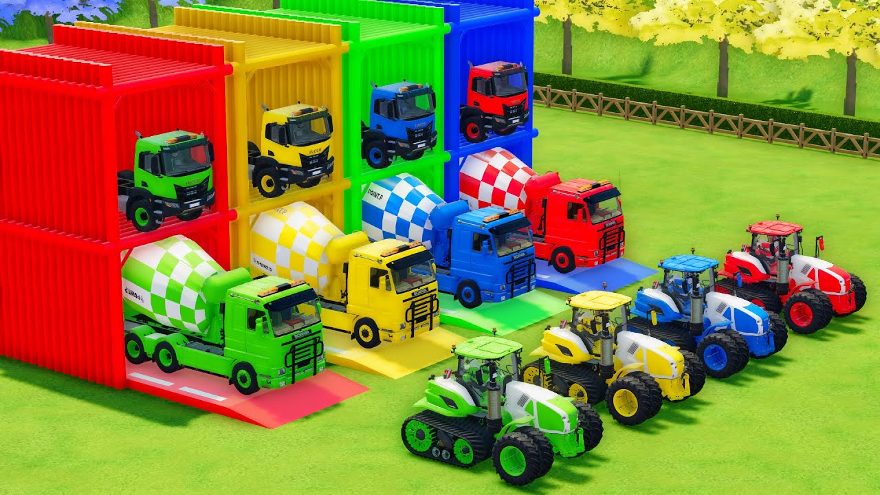 Garage with Colors - ALL MIXER TRUCK WITH DOUBLE FLATBED TRAILER TRUCK, IVECO, SCANIA, CLAAS - FS22