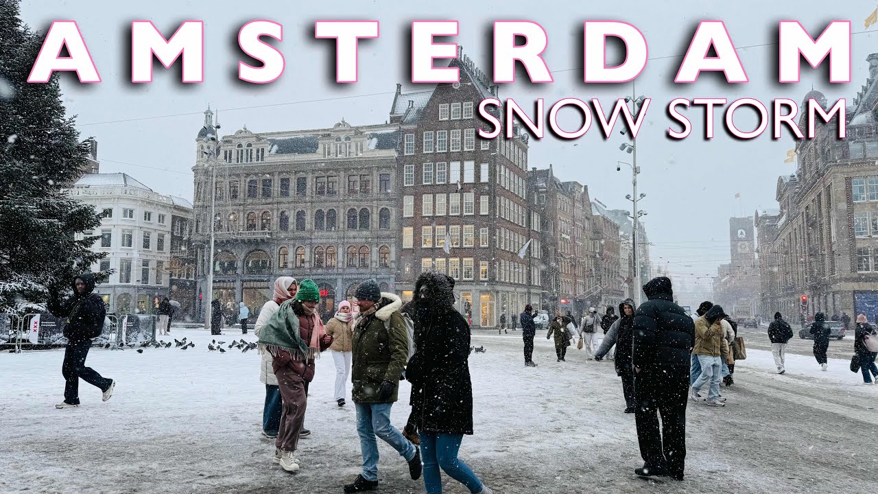 [4K] AMSTERDAM- Heavy Snow Storm Hits Amsterdam | Code Orange | Snow Walking Tour🇳🇱❄️