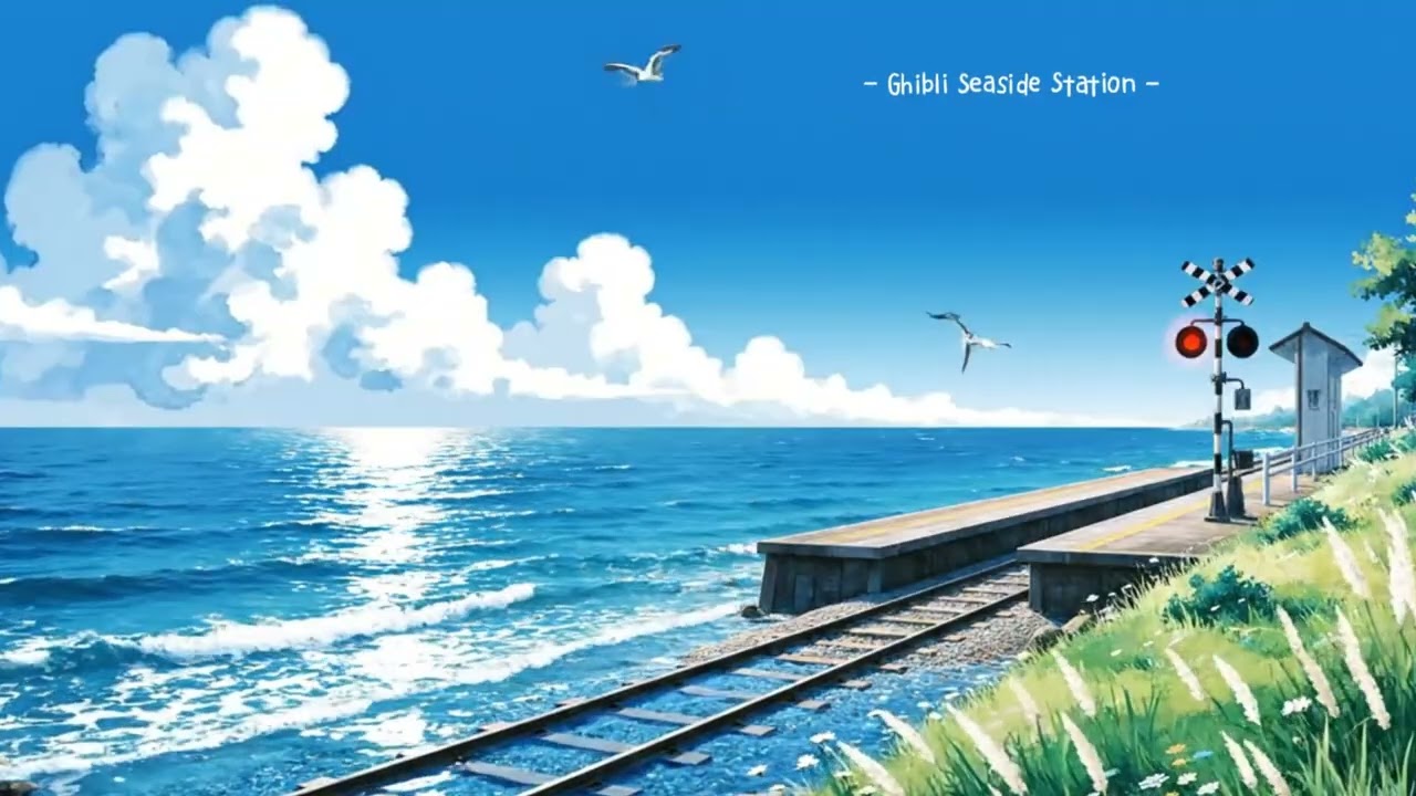 Ghibli Seaside Station 🚂 Relaxing Piano & Ocean Sound for Study, Sleep, Healing | Spirited Away Vibe