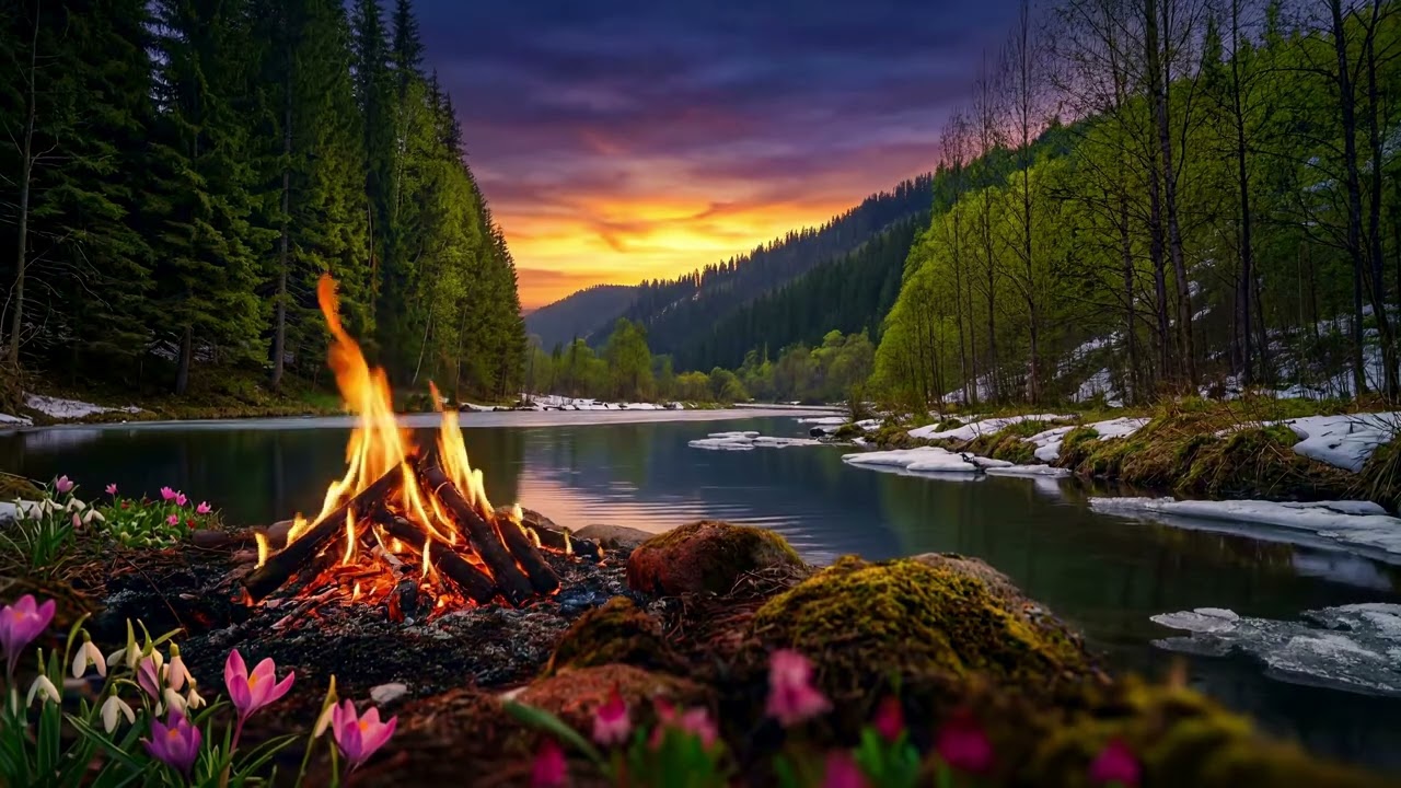 Early Spring River Campfire at Sunset 🔥 Relaxing Nature Sounds for Deep Sleep