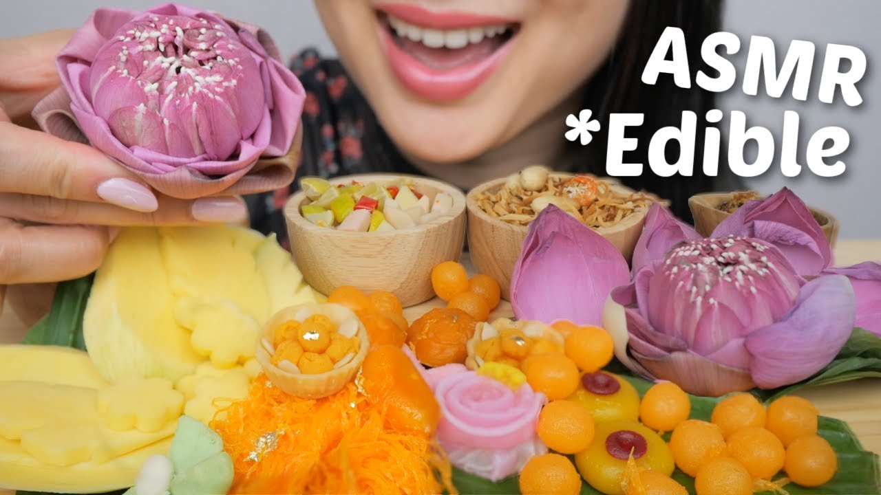 Edible Lotus Flower withTraditional  GOLDEN Dessert and Sour Mango *Relaxing ASMR Eating Sounds|N.E