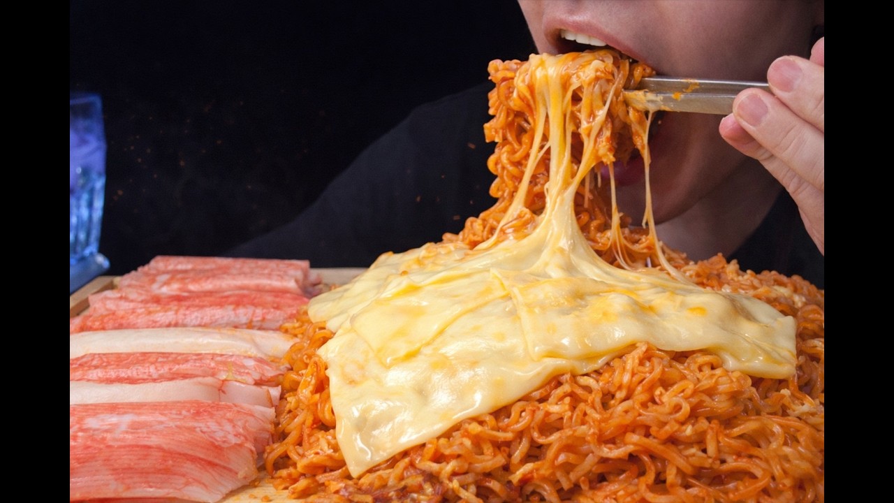 GIANT Spicy Korean Bibim Noodles & Cheese ASMR Mukbang (Eating Sounds)