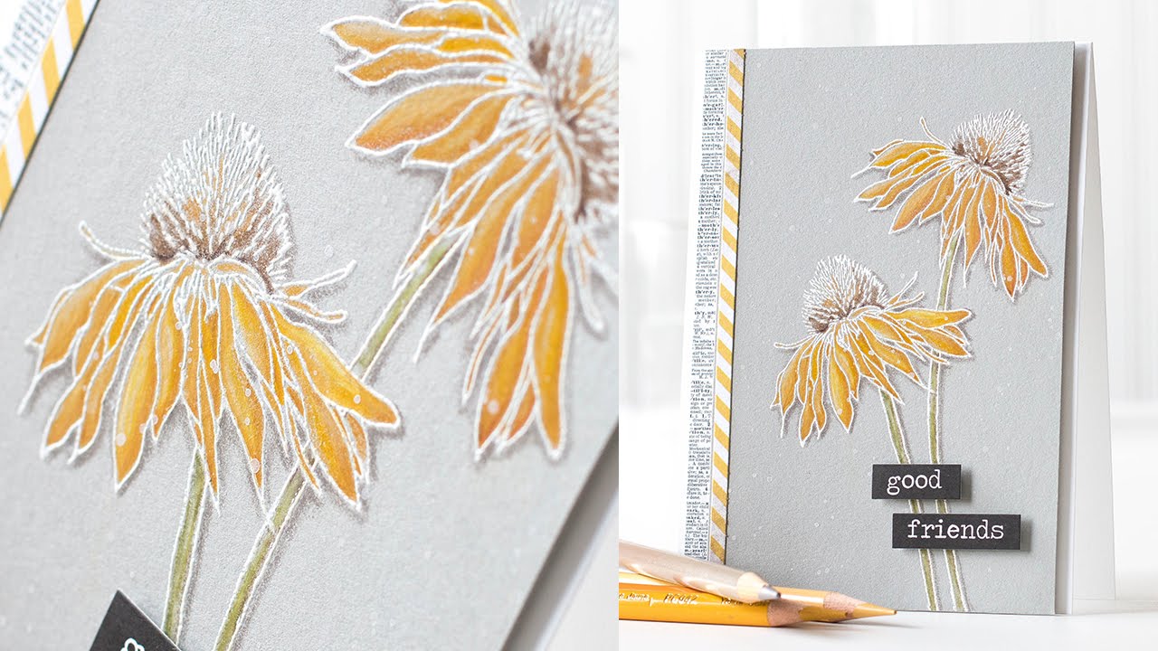 White Embossed Flowers with Color Pencil on Color Cardstock
