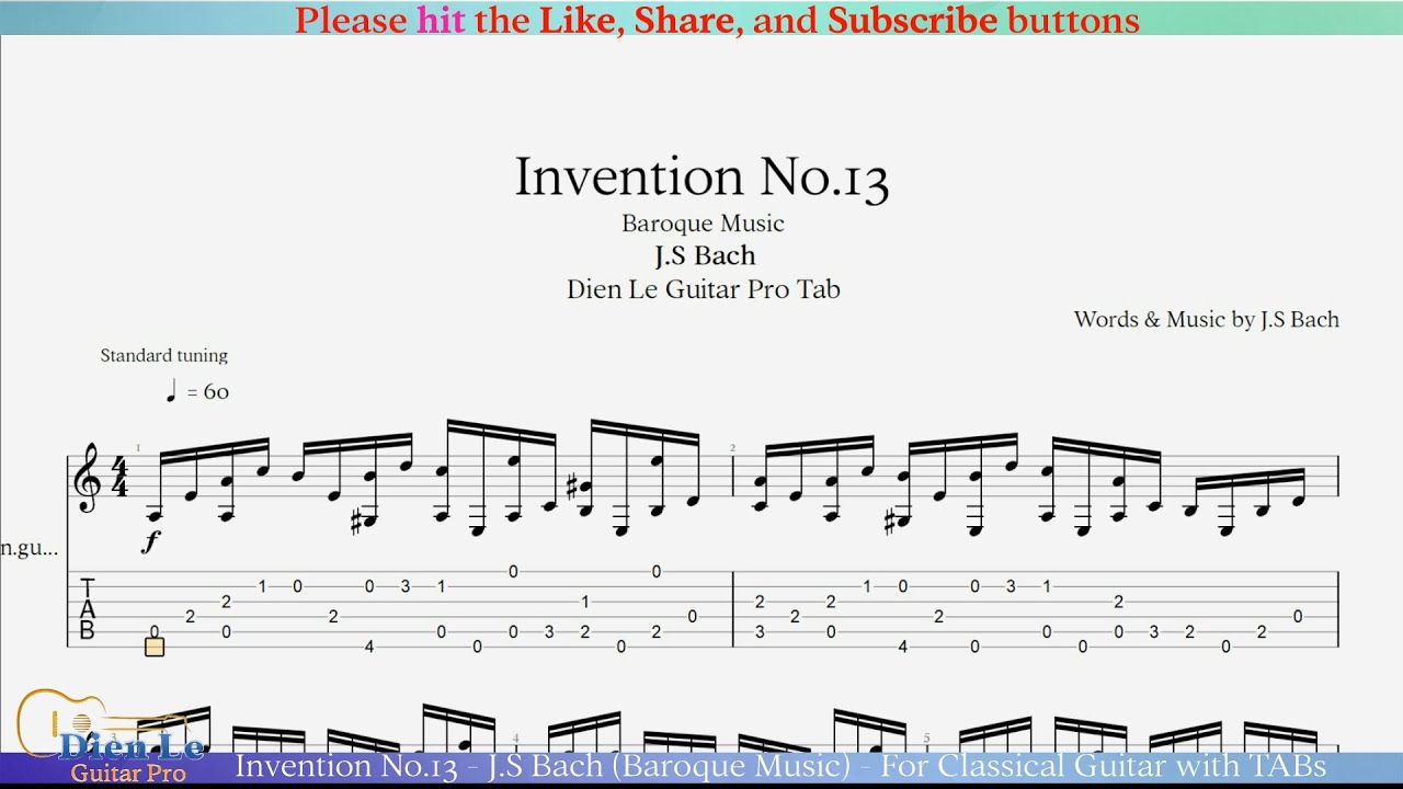 Invention No.13 - J.S Bach (Baroque Music) - For Classical Guitar with TABs