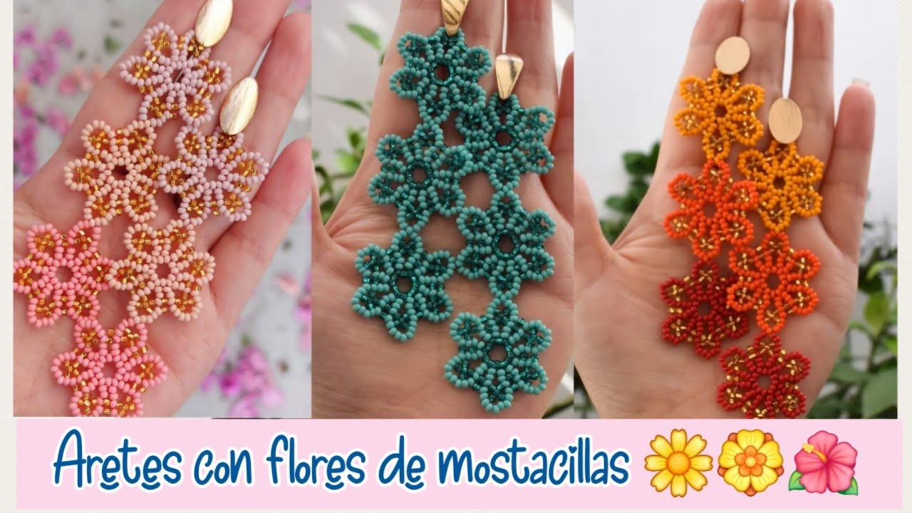 TUTORIAL de aretes con FLORES de #mostacillas en cadena APRENDE fácil paso a paso #beads #hechoamano
