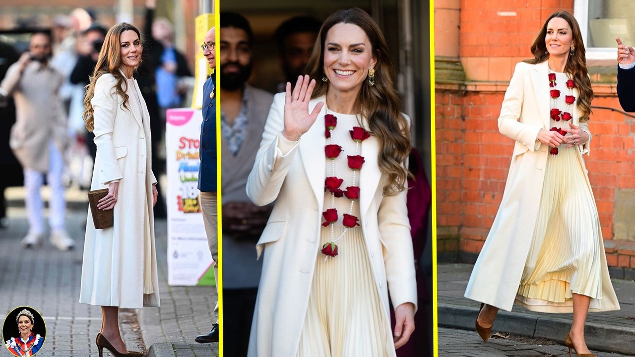 Catherine strong impression on Royal fans pristine white dress and red flower wreath in Leicester