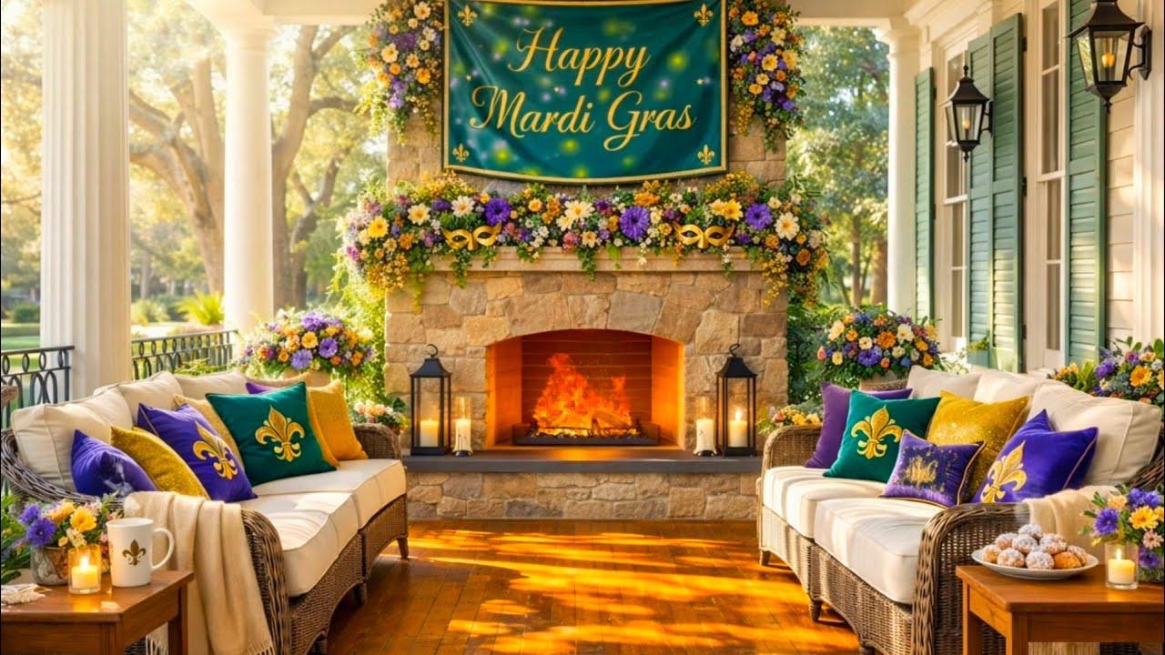 Daytime Mardi Gras Ambience Jazz Music 🎭 Cozy Porch Fireplace Screensaver February Background 