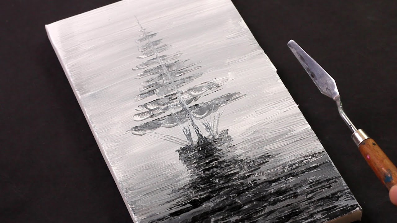 Sailboat in the dawn / Black and white / Easy Acrylic painting / painting ideas / #372