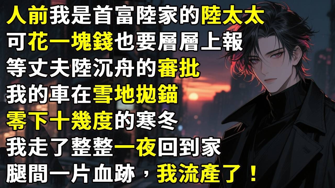 人前我是首富陸家的陸太太，人後花一塊錢也要層層上報，等丈夫陸沉舟的審批。婚後第三年我的車在雪地拋錨，零下十幾度的寒冬，我走了整整一夜回到家。剛打開門腿間一片血跡，我流產了。#故事分享#情感