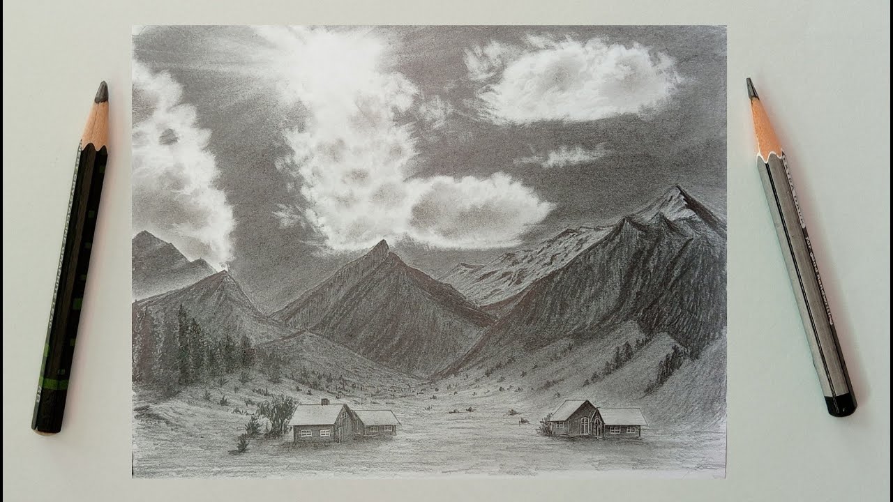 Mountain and clouds scenery drawing by pencil / Sunlight landscape drawing with pencil /