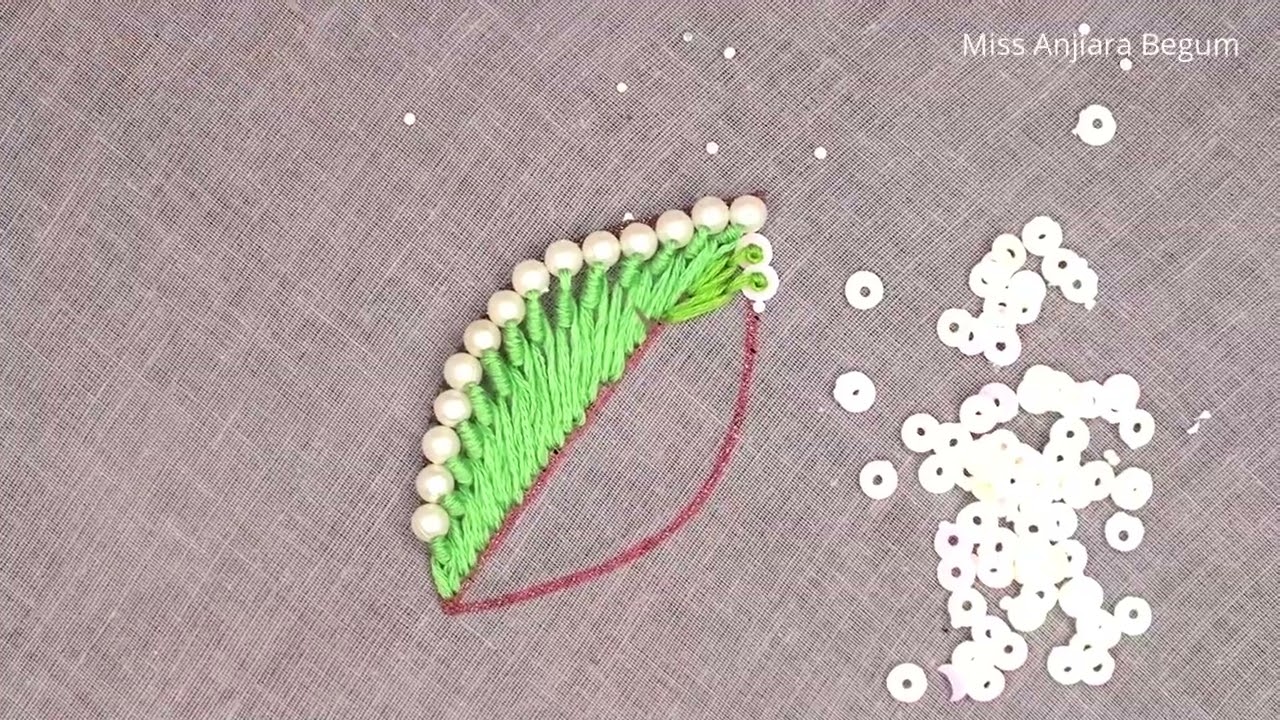 Hand Embroidery Leaf Design With Bead, Beaded Leaf Embroidery By Anjiara
