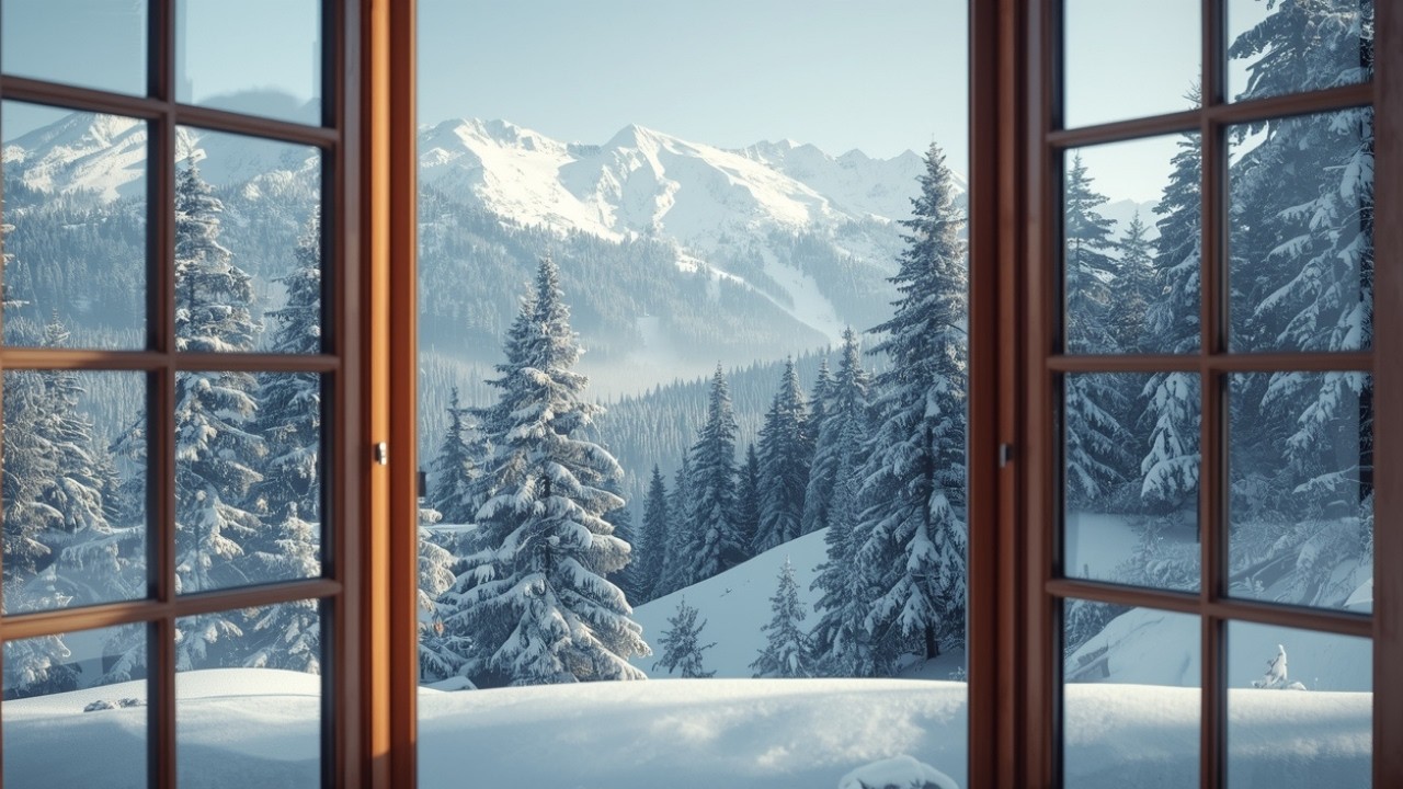 Snowy Mountain Window View in 4K | Calm Winter Ambience for Focus & Relaxation