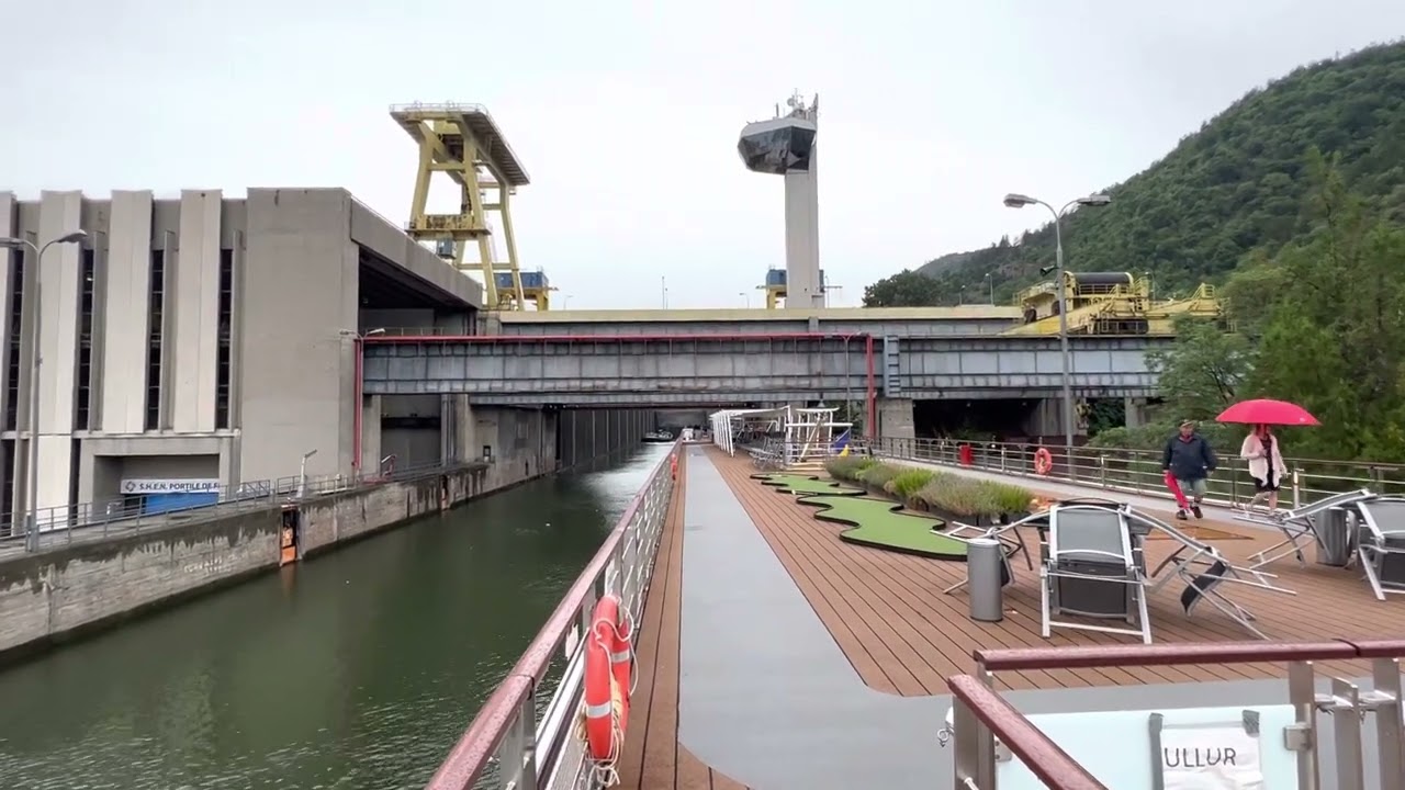 Viking Danube River cruise ship Ullur at the Iron Gate lock on the Danube River on July 9, 2022