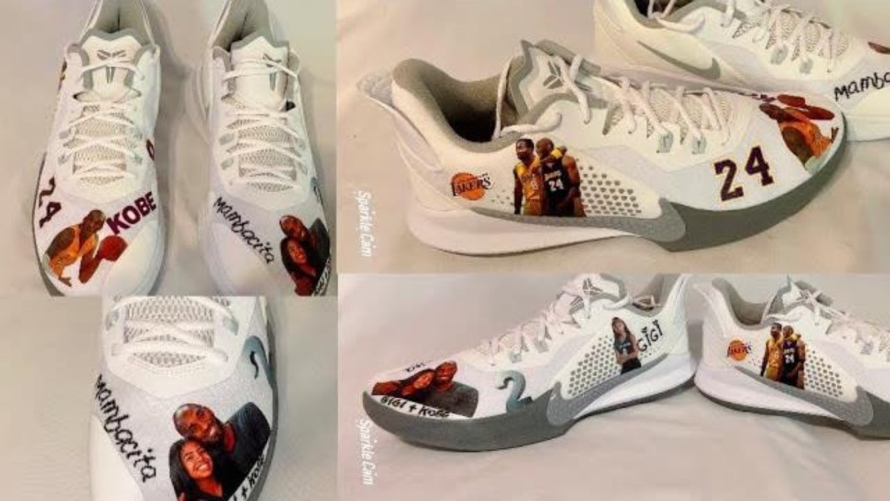 Custom Kobe shoes using heat transfer paper,  Angelus products and posca pens/Lakers + Gigi images