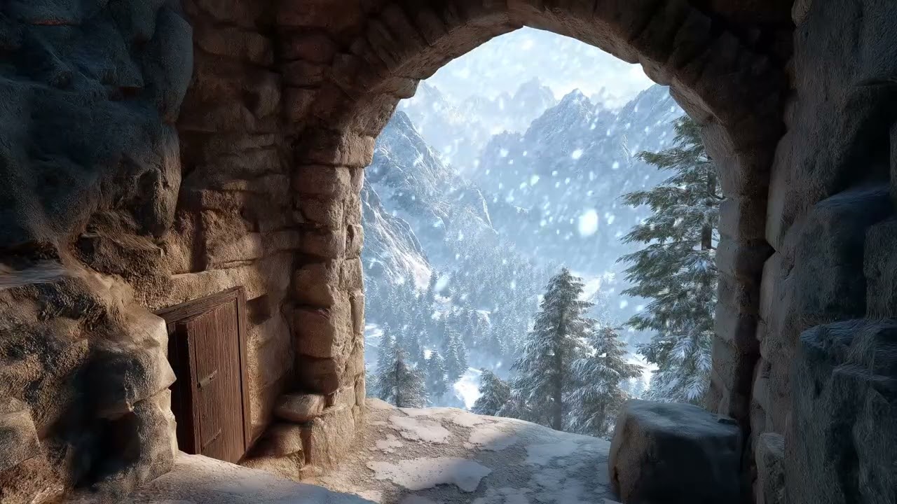 From the Old Window Ambience with Falling Snow and Quiet Winter View for Deep Relaxation and Focus