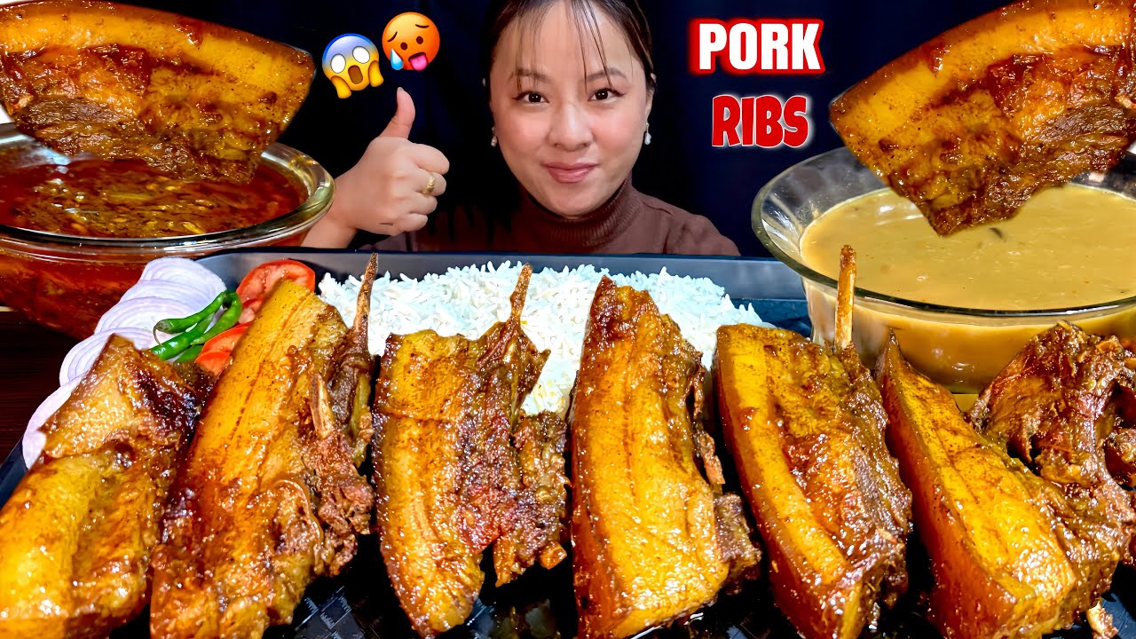 EATING OILY FATTY PORK RIBS WITH RICE! PORK MUKBANG! #mukbang #eatingshow #pork 