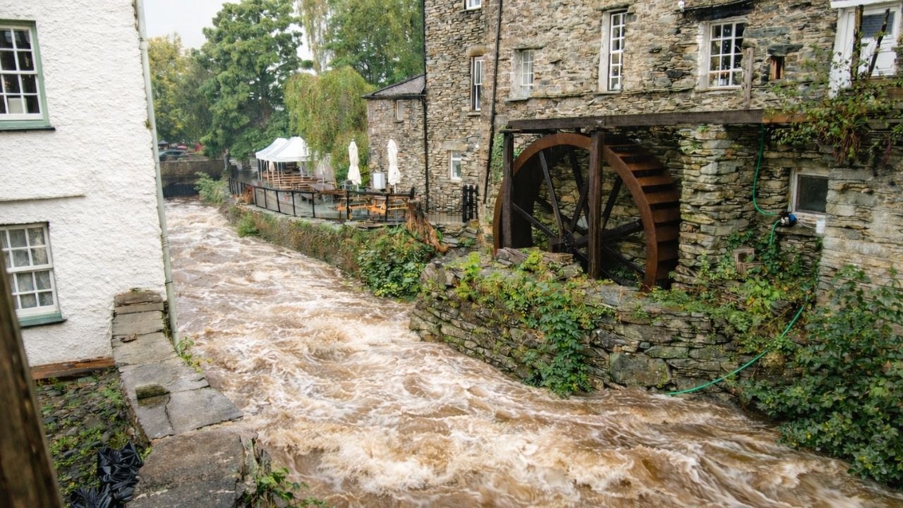 Heavy Rain Walk Through Ambleside Town, English Countryside 4K