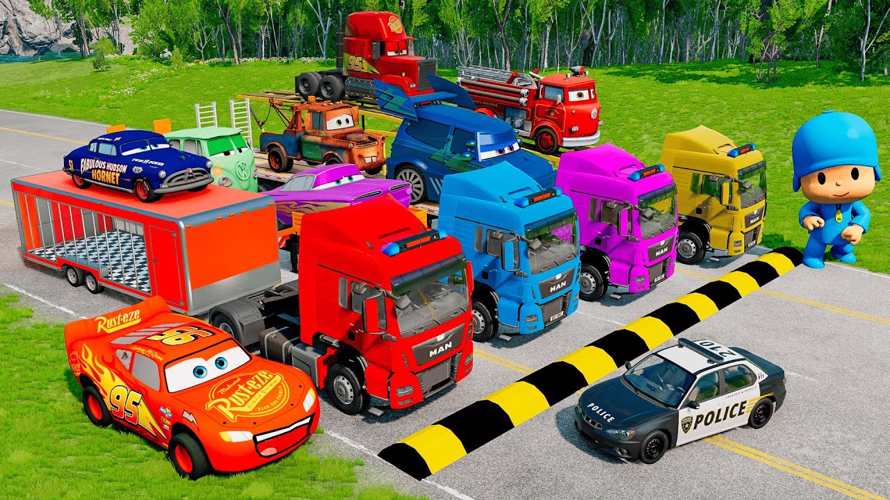 Flatbed Truck McQueen | Transportation with Truck - Pothole vs Car #18 | BeamNG.Drive Gameplay