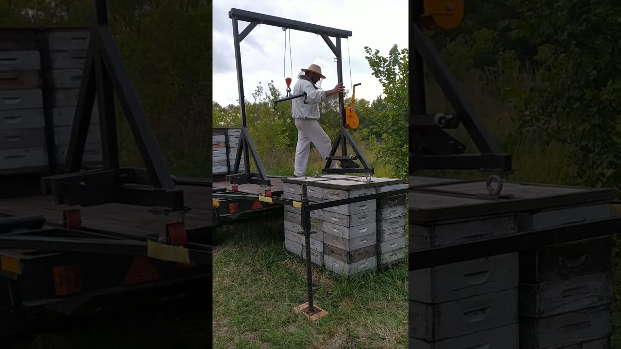 Погрузка пчёл на прицеп с помощью козлового мини крана.