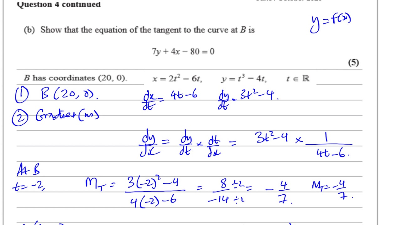 WMA14 01 IAL (Edexcel) P4  June Oct 2020 Q4 Parametric Equations   Differentiation