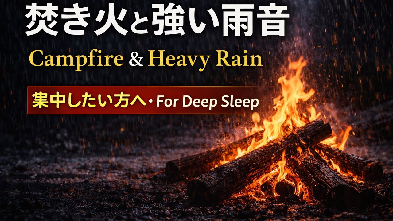 【土砂降りの雨と焚き火 】180分 集中・安眠・瞑想用ASMR（波音・ノイズなし） Campfire in Heavy Rain 