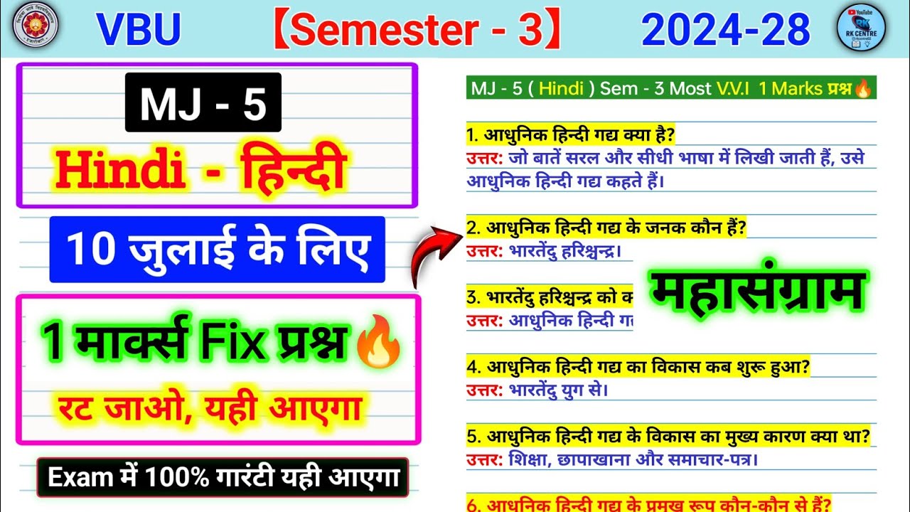 Sem 3 mj 5 hindi important MCQ l Hindi upnyas ke ubhdav aur Vikas per Prakash dalen l mj 5 hindi