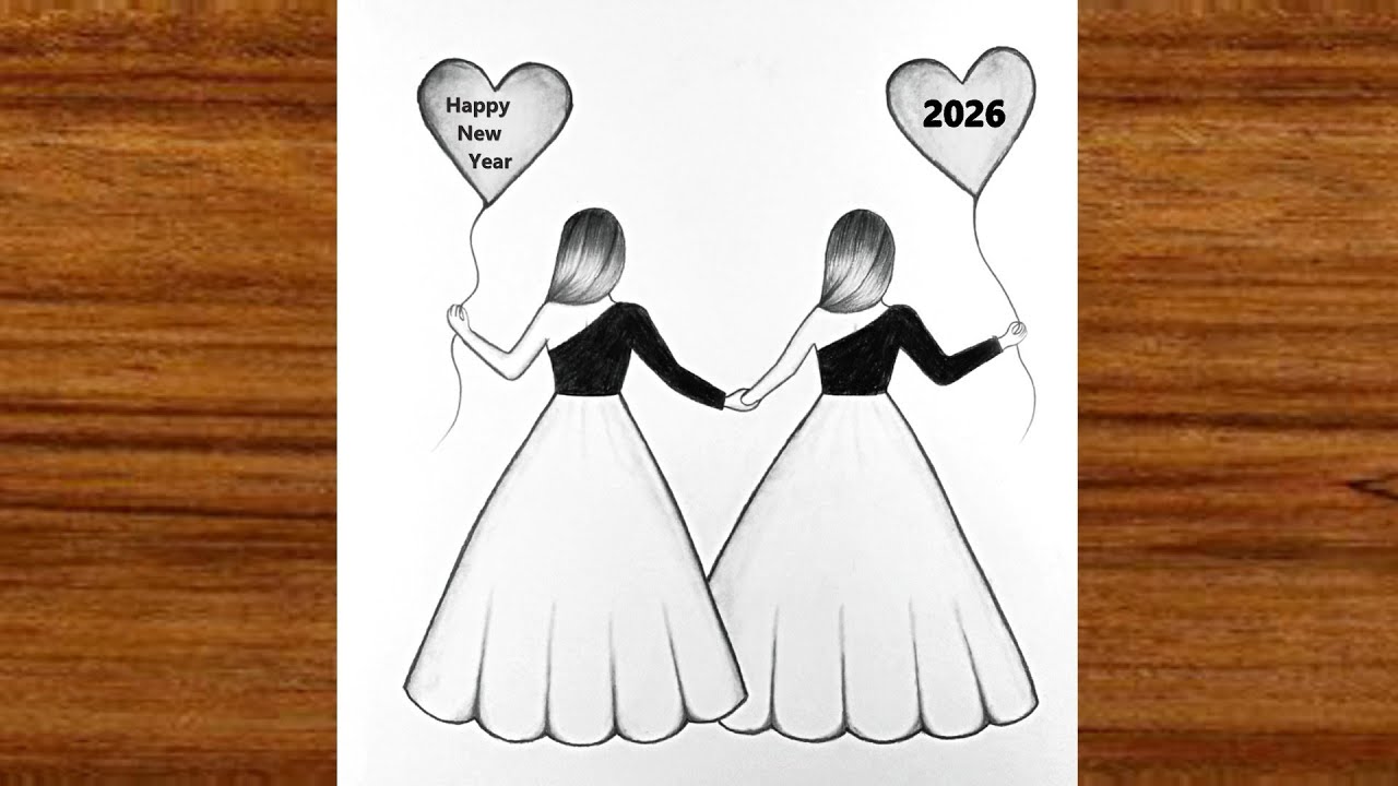 Happy new year drawing 2026 | New year drawing 2026 | Easy Best friends girl drawing for beginners