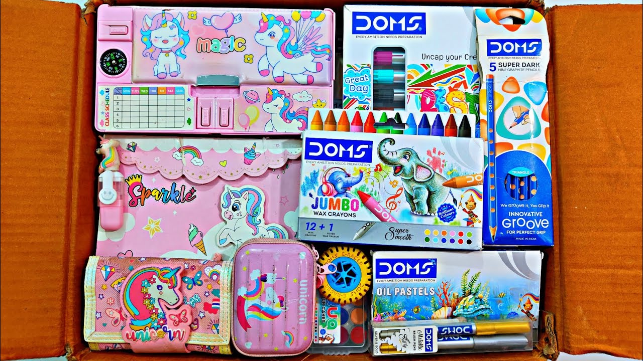 Surprise Unicorn🦄 Stationery vs Doms Stationery 📚, Pencil Case, Wax Crayons, Oil Pastels, Pouch, Pen