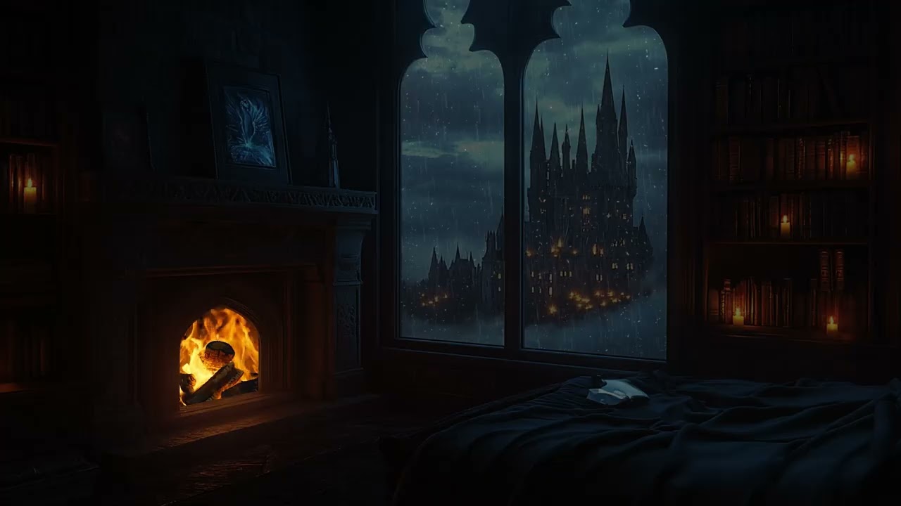 Storm Clouds Over the Ancient Castle | Cozy Firelit Bedroom by the Window | Soft Rain for Relaxation